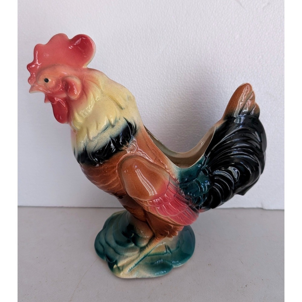 Vintage Ceramic Rooster Planter Figurine Hand Painted Farmhouse Country Decor